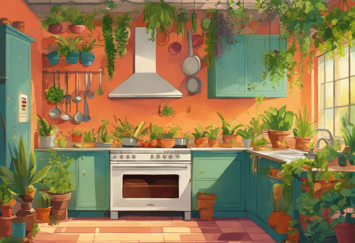 Une peinture murale de cuisine qui ressemble à un jardin de plantes