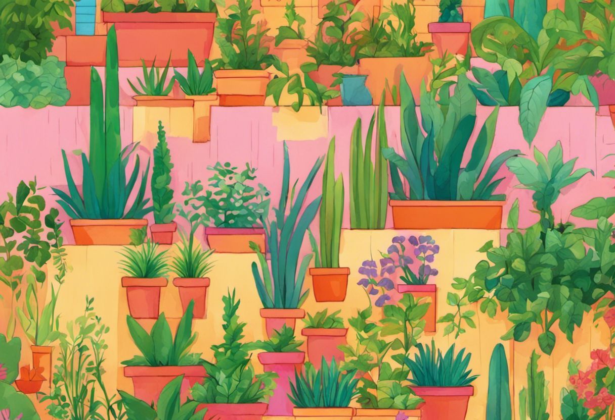 Une illustration colorée d'un mur plein de plantes.